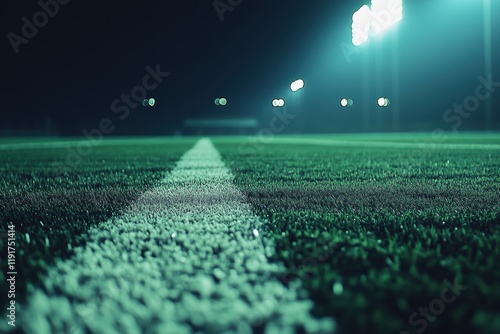 Green soccer field under floodlights at night with fresh grass and clear sky