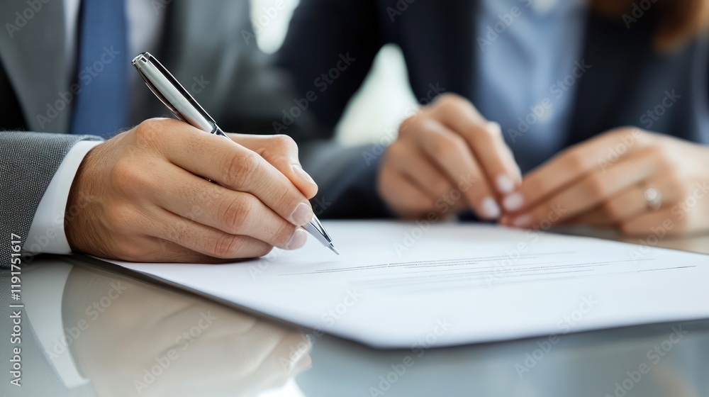 Attractive couple signing contract with realistic background Attractive couple signing contract with realistic background