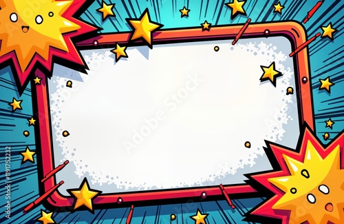 Colorful cartoon frame with empty white center. Explosions, stars create vibrant border. Playful, festive design. Ideal for invitations posters. Looks great for kids party themes. Fun abstract style. photo