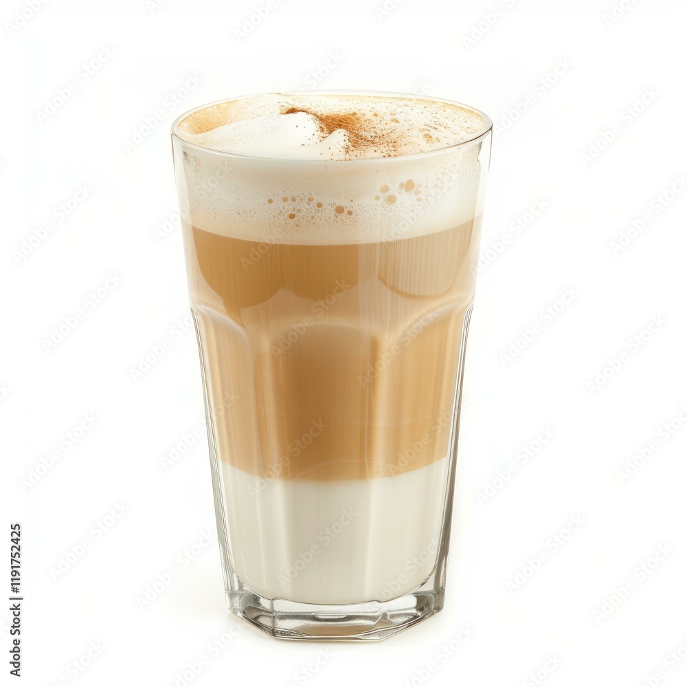 Creamy latte macchiato coffee topped with cinnamon, served in a tall glass, creating a visually appealing beverage against a clean white backdrop Creamy latte macchiato coffee topped with cinnamon, served in a tall glass, creating a visually appealing beverage against a clean white backdrop