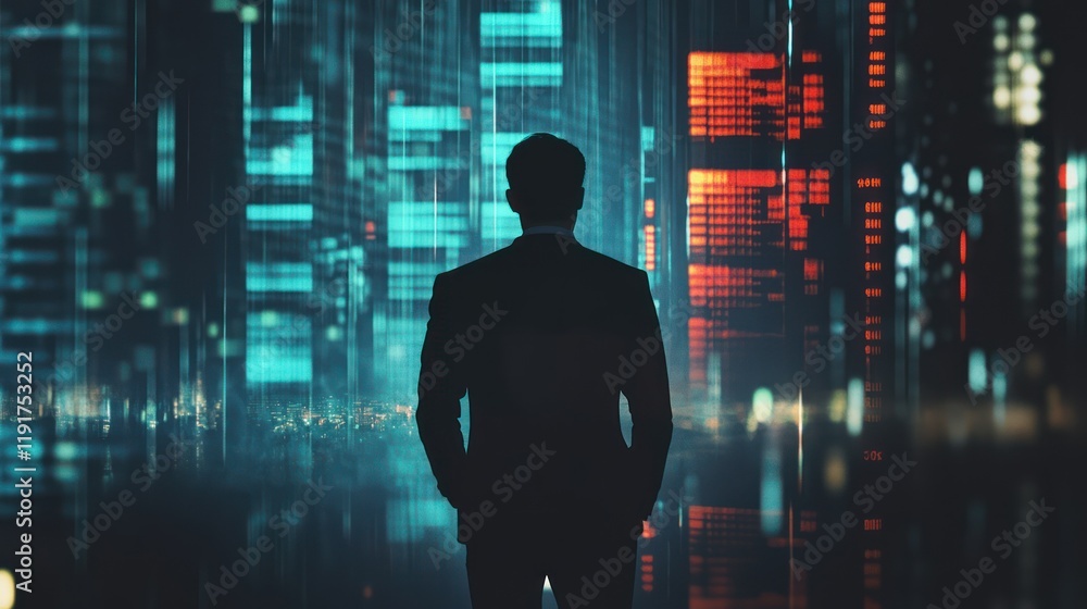 Back of businessman in suit with business background Back of businessman in suit with business background