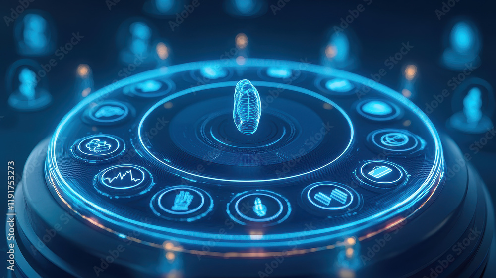 Digital Asset Management System: Futuristic circular interface displays a diverse range of digital assets, showcasing a modern and efficient system for managing digital content. Digital Asset Management System: Futuristic circular interface displays a diverse range of digital assets, showcasing a modern and efficient system for managing digital content.