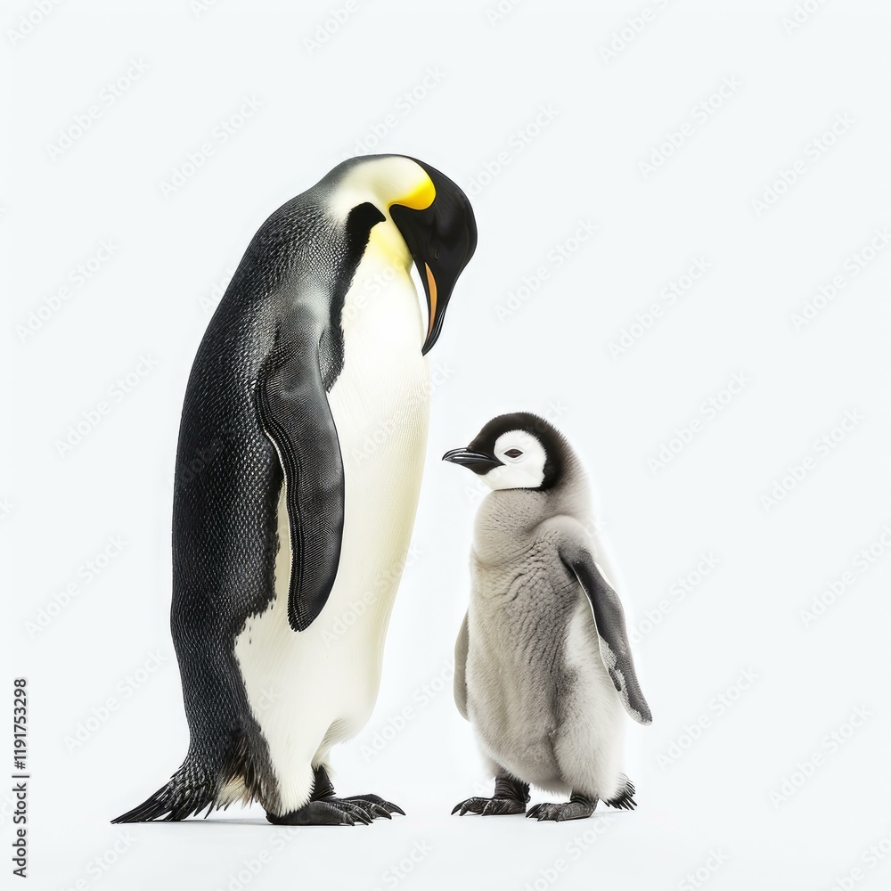 Naklejka premium Emperor penguin parent looking at its chick on white background, studio shot