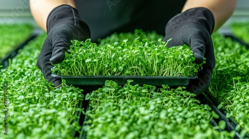 Hands grasping thriving trays of microgreens in an urban farm, intense greens against a clean indoor backdrop, illustrating fresh city farming photo