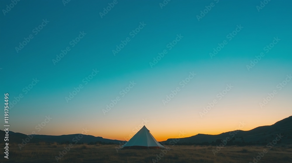 Fototapeta premium Vibrant Camping Tent Under Bright Blue Sky at Dawn in Nature