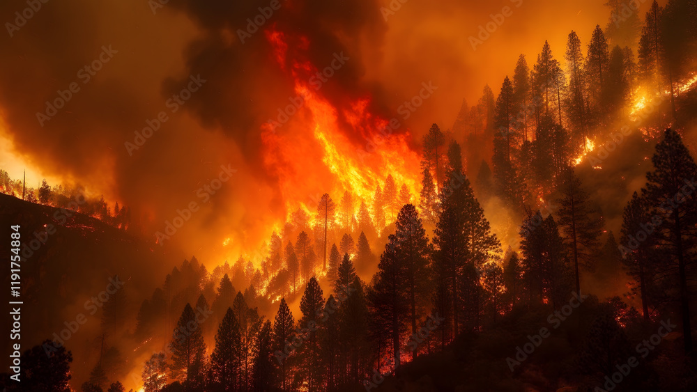 Forest Fire Burning Through Pine Trees with Orange Sky and Smoke Forest Fire Burning Through Pine Trees with Orange Sky and Smoke