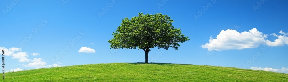 Majestic tree on a hill, serene landscape with clear blue sky, nature's beauty Majestic tree on a hill, serene landscape with clear blue sky, nature's beauty