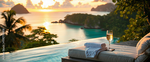 A serene infinity pool overlooking a tropical island at sunset, with a plush lounger, a neatly folde photo