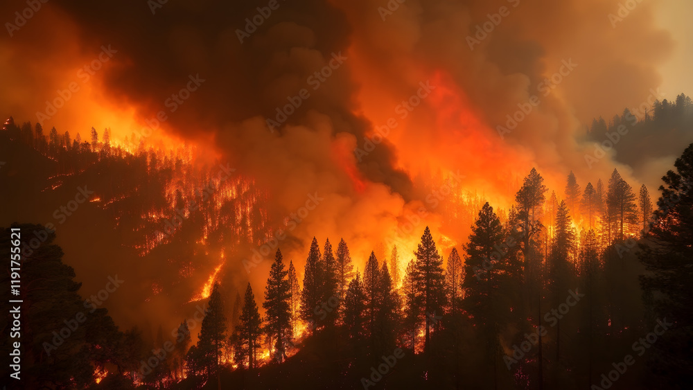 Forest Fire Burning Through Pine Trees with Orange Sky and Smoke Forest Fire Burning Through Pine Trees with Orange Sky and Smoke