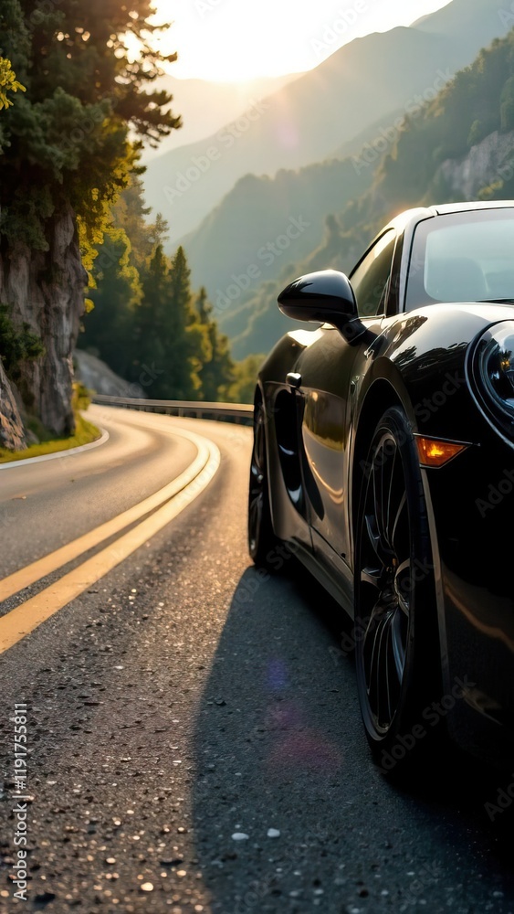 Fototapeta premium Sleek black sports car on winding mountain road at sunset