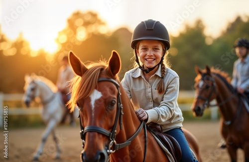 Happy girl enjoys horseback riding lesson at sunset. Smiles, looks at camera. Riders in background. Outdoor setting on farm riding school. Perfect for equestrian activity, kids learning horsemanship, photo