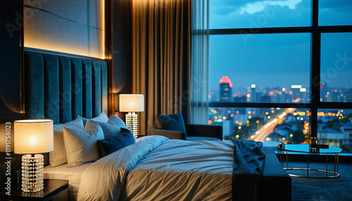 A spacious bedroom with a king-size bed dressed in fine linen, flanked by minimalist nightstands wit