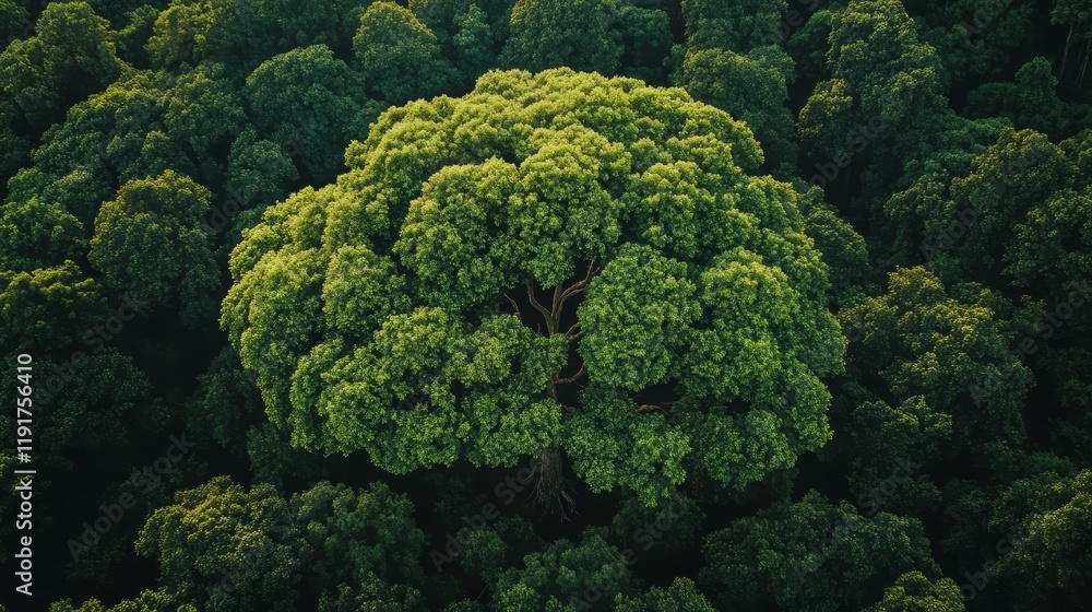 Naklejka premium Towering tree with verdant green leaves in a serene forest landscape majestic