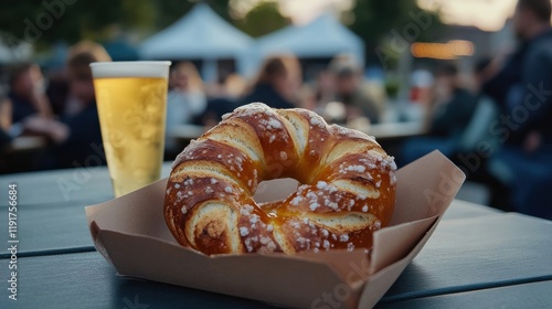 Enjoying a delicious pretzel with obatzda and a refreshing beer at a lively outdoor event during sunset photo