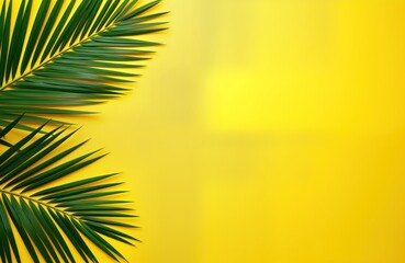 Bright yellow background with two palm leaves in corners. Minimalist design. Suitable for holiday, beach, tropical, travel themes. Empty template for creative design. Ideal for vacation posters,