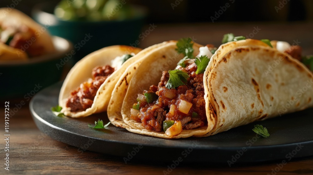 Delicious taco platter featuring savory fillings, fresh toppings, and warm tortillas served on a rustic wooden table in a cozy setting Delicious taco platter featuring savory fillings, fresh toppings, and warm tortillas served on a rustic wooden table in a cozy setting