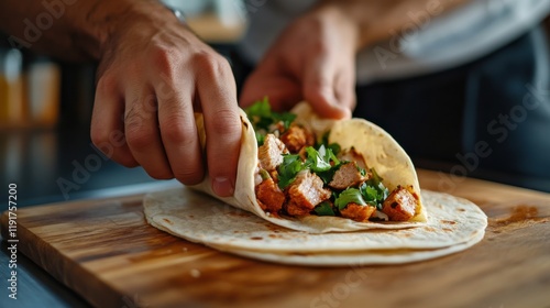 Delicious taco platter featuring fresh tortillas filled with grilled chicken and vibrant toppings prepared in a cozy kitchen setting