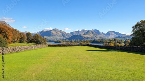 Wallpaper Mural A wide grass field bordered by a stone wall and distant mountains. Torontodigital.ca