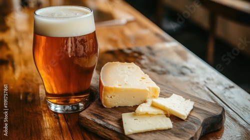 Enjoying a refreshing pint of amber ale alongside a selection of artisanal cheeses on a rustic wooden table in a cozy pub setting photo