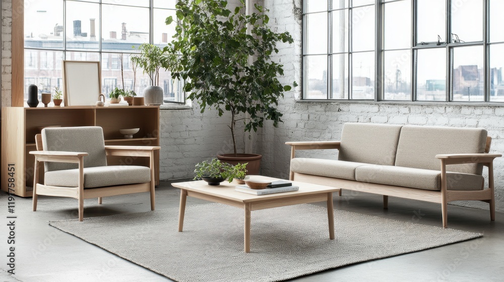 A Scandinavian-style living room featuring light wood furniture, neutral tones, and simple decor. A Scandinavian-style living room featuring light wood furniture, neutral tones, and simple decor.