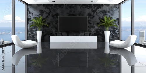 Modern Minimalist Interior Living Room with Panoramic Ocean View Windows, Sleek Black and White Design Featuring Stylish Furniture and Indoor Plants for Luxurious Home Experience