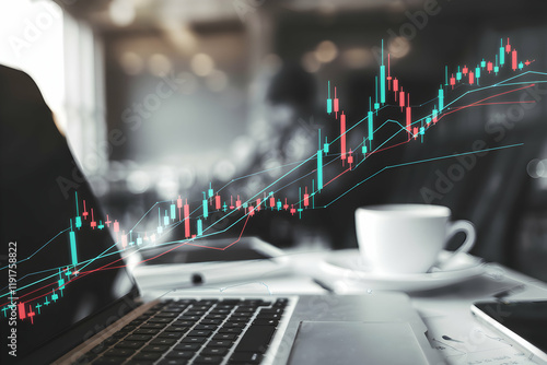 A stock market graph with colorful lines, set against a blurred workspace