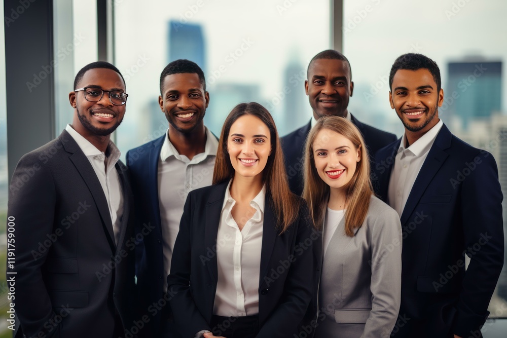 Diverse group of business professionals standing together in a modern office, showcasing teamwork and success Diverse group of business professionals standing together in a modern office, showcasing teamwork and success