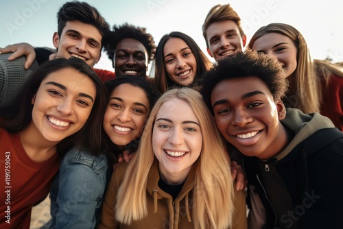 Large group of cheerful young students posing together for a group photo outdoors