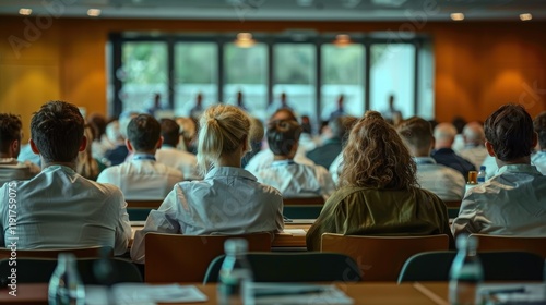 Participants attentively engaged in a conference setting, showcasing a diverse group of individuals seated at tables with blurred speakers in the background during a professional event