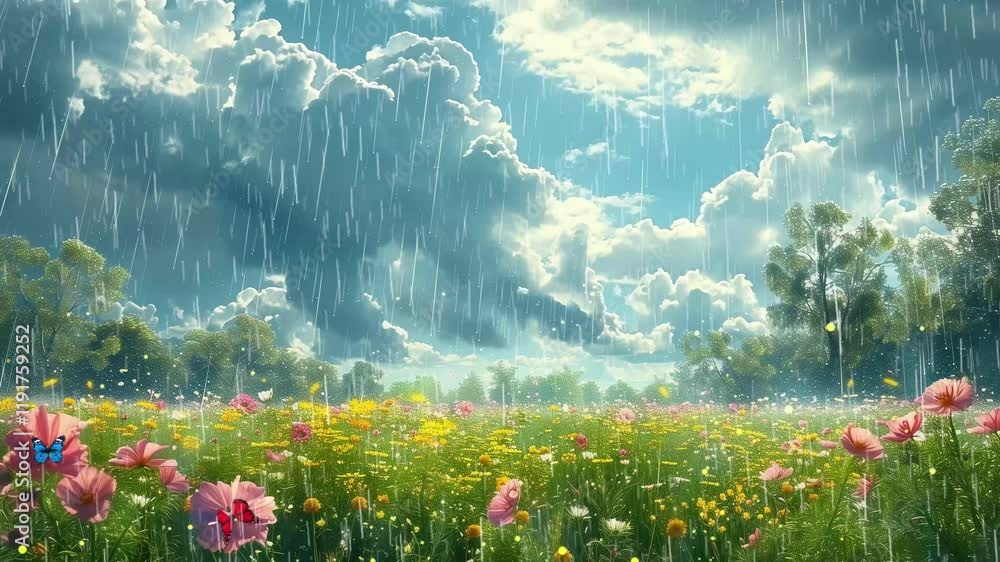 spring rain over a blossoming meadow photorealistic seamless looping overlay 4k virtual video animation background