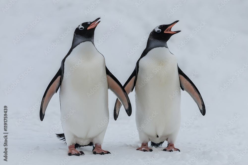 Fototapeta premium Two penguins in snow, their beaks open against a wintry white backdrop