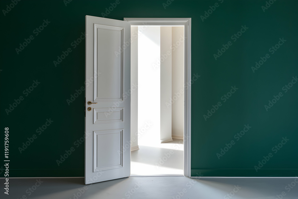 Open white door on green wall lets bright light seep through dramatically Open white door on green wall lets bright light seep through dramatically