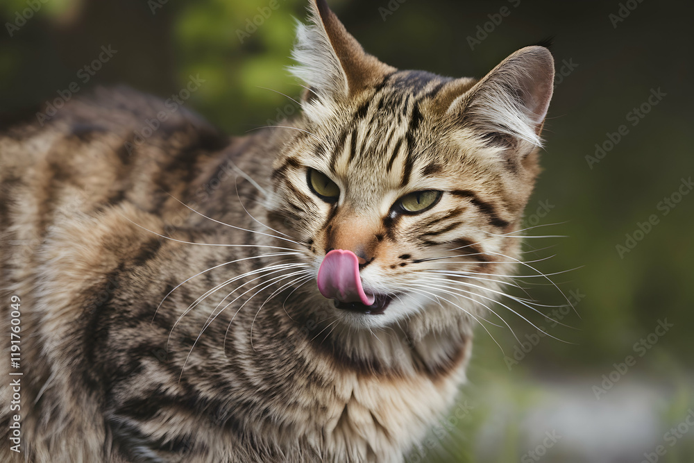 Striped cat licking whiskers outdoors against blurred greenery in playful moment Striped cat licking whiskers outdoors against blurred greenery in playful moment