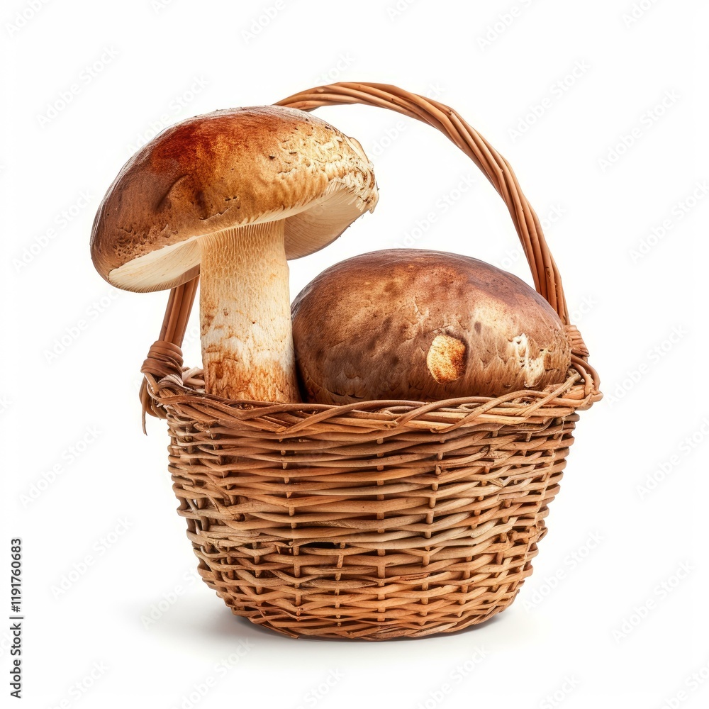Two fresh mushrooms are nestled in a wicker basket, set against a clean white backdrop Two fresh mushrooms are nestled in a wicker basket, set against a clean white backdrop