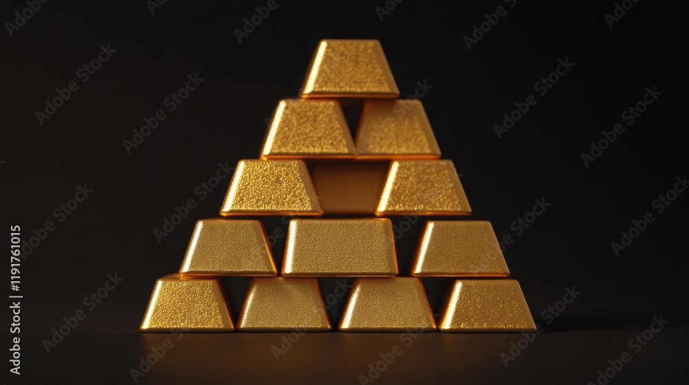 Gold ingots arranged in a pyramid shape against a black background. Gold ingots arranged in a pyramid shape against a black background.