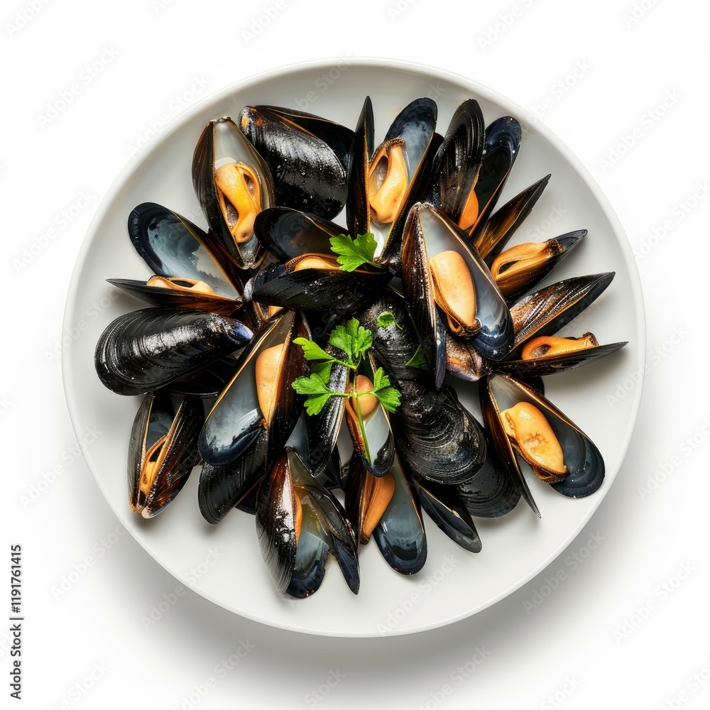 Cooked mussels with parsley garnish served on a white plate, representing a healthy and delicious seafood dish Cooked mussels with parsley garnish served on a white plate, representing a healthy and delicious seafood dish