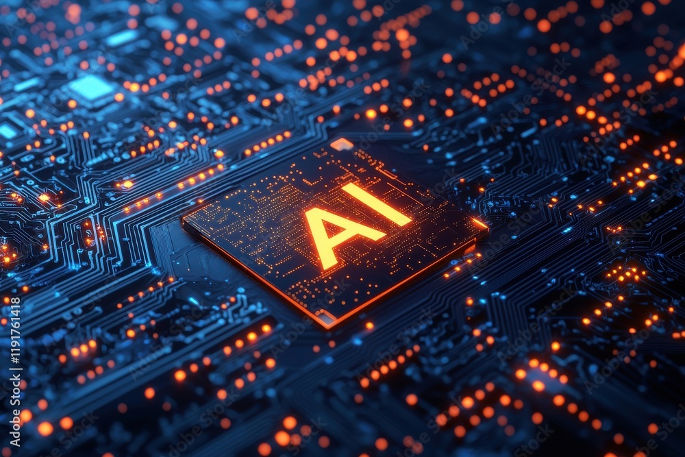 Bright AI processor glowing on futuristic circuit digital background Bright AI processor glowing on futuristic circuit digital background