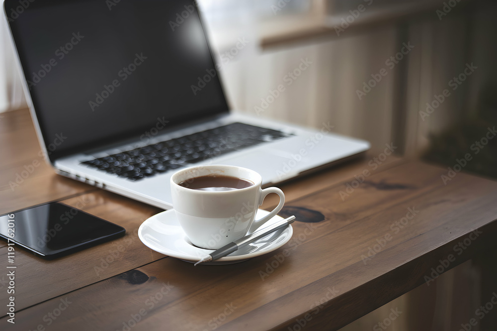 Laptop, coffee cup, wooden table create serene workspace ambiance Laptop, coffee cup, wooden table create serene workspace ambiance