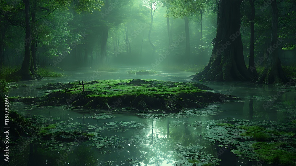 Naklejka premium Mystical swamp forest, morning mist, island, reflection, game background