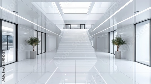 A Stunning Example of Modern Architectural Design Featuring White Interiors, Symmetrical Staircase, and Natural Light Enhancement