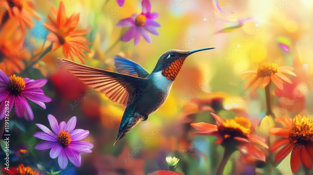 Fototapeta premium Vibrant hummingbird in flight amidst a colorful flower garden, bathed in sunlight.