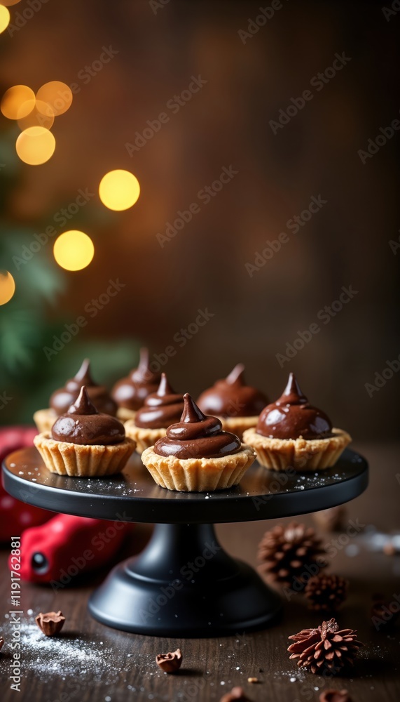 Obraz premium Chocolate ganache tartlets arranged beautifully on black metal dessert stand. Softly glowing background adds elegance to presentation. Perfect dessert display. Ideal for holidays, special occasions.