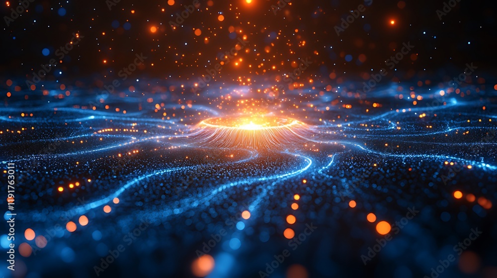 Obraz premium Blue particle wave energy glow, dark background, digital art, website banner