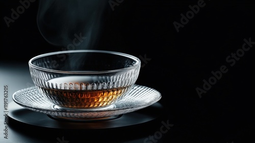 A glass bowl of tea sits on a plate on a table photo