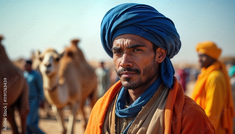 Obraz premium Berber man in traditional Tuareg clothing. At camel market in desert. Many camels surround. Looks directly at camera. Scene in North Africa. Cultural clothing, ethnic style apparent. Portrait photo