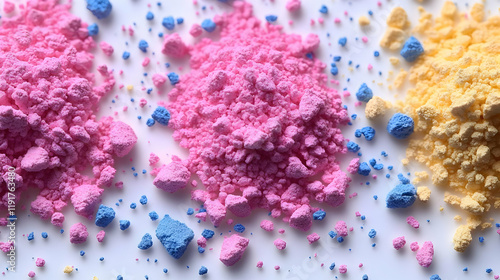 Close-up view of pink, yellow, and blue powder piles creating an abstract and colorful texture photo