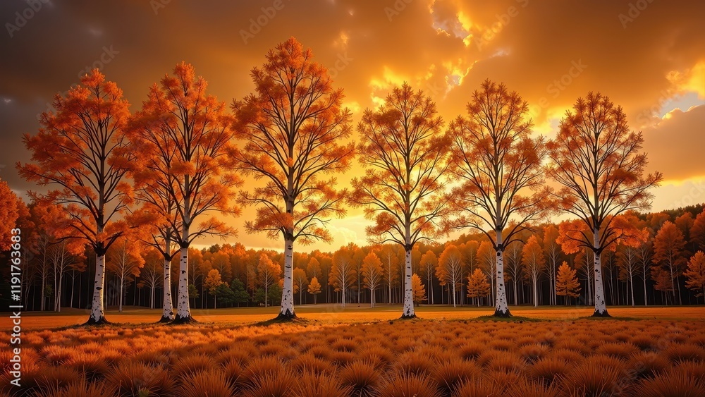 Obraz premium A serene row of five white birch trees adorned with vibrant orange leaves stands majestically against a backdrop of golden-yellow grass and distant woodland. The expansive azure sky completes this enc