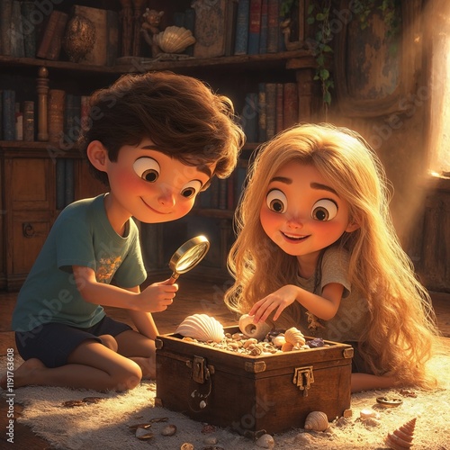 Curious Children Exploring a Treasure Chest of Shells in a Sunlit Library