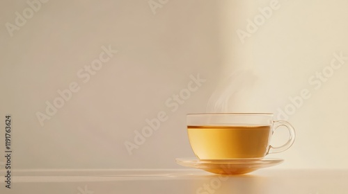 A cup of tea sits on a saucer on a table