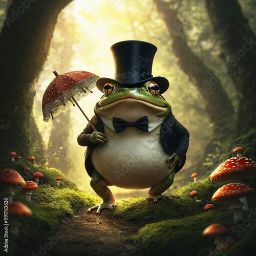 Frog in a Top Hat Holding a Parasol in a Magical Forest with Mushrooms